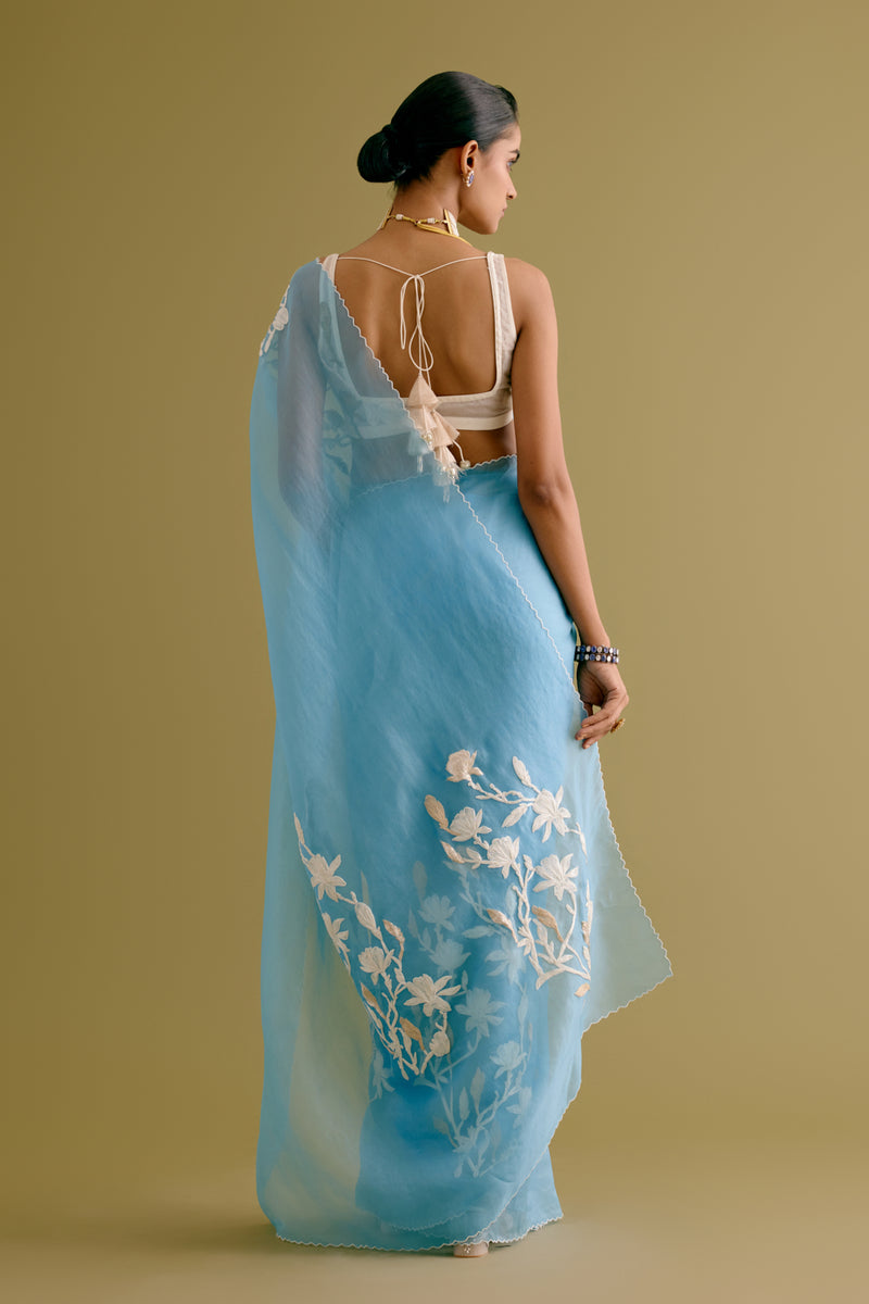 Sky Blue Embroidered Silk Organza Saree