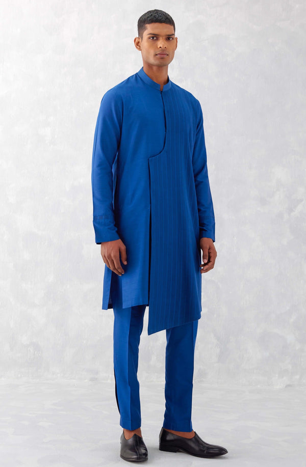 Blue Cotton Silk Blend Pin Tucks Kurta Set