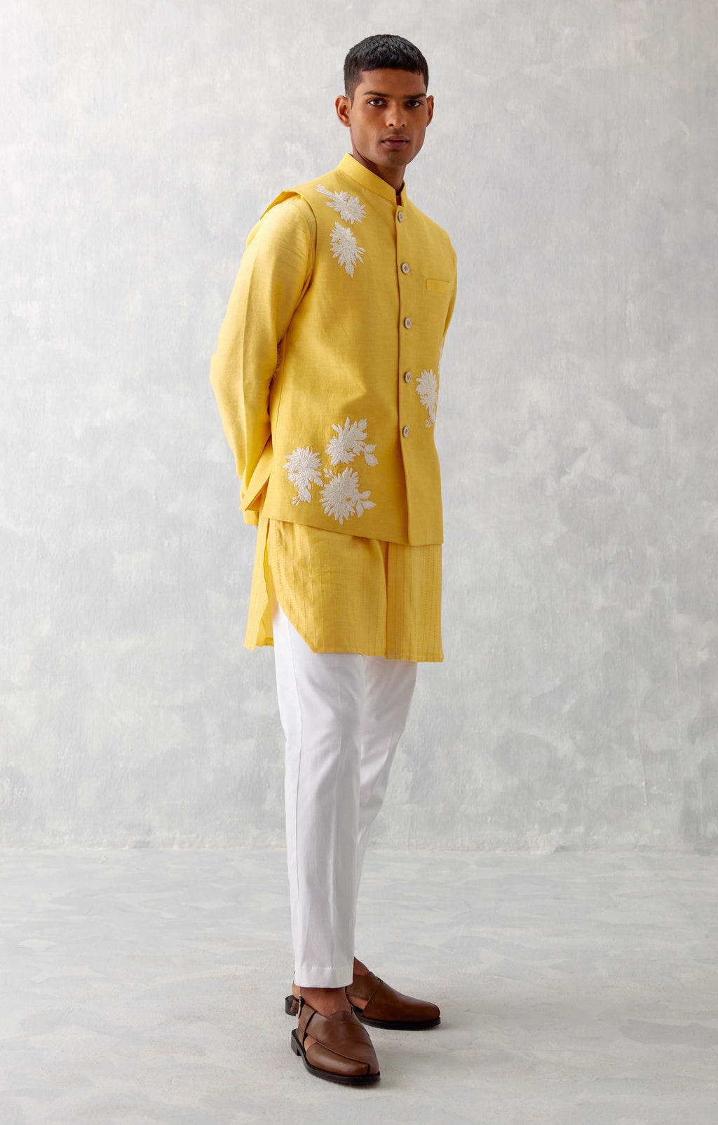 Mango Yellow Kurta with Embroidered Bundi Set