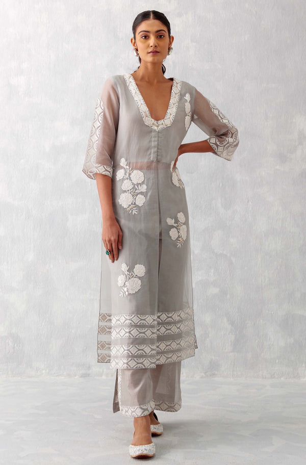 Grey Slit Silk Organza Kurta Set