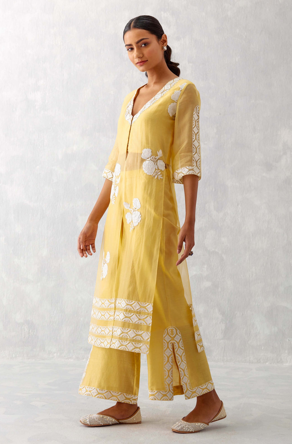 Devnaagri - Mango Yellow Slit Silk Organza Kurta Set