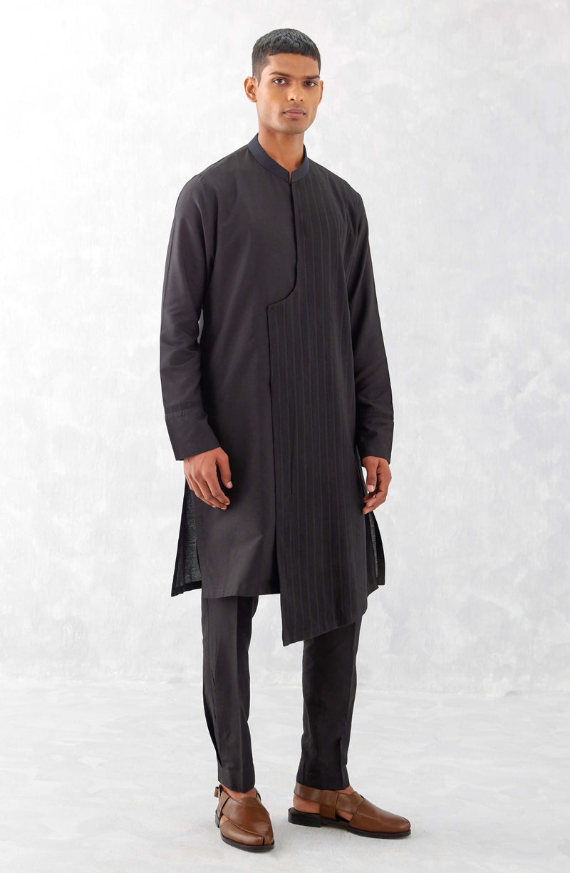 Black Cotton Silk Blend Pin Tucks Kurta Set