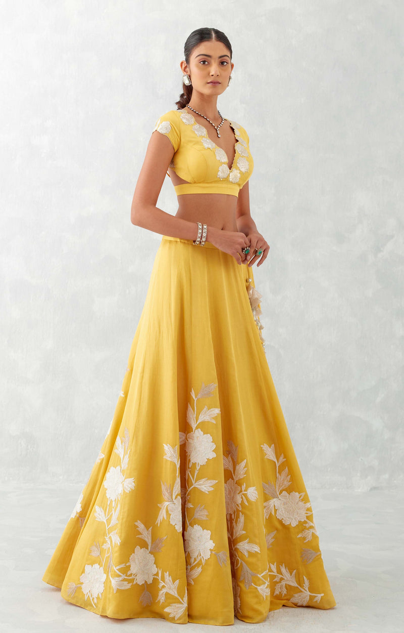 Sanjeeda Shaikh in Mango Yellow Embroidered Cotton Silk Satin Lehenga Set