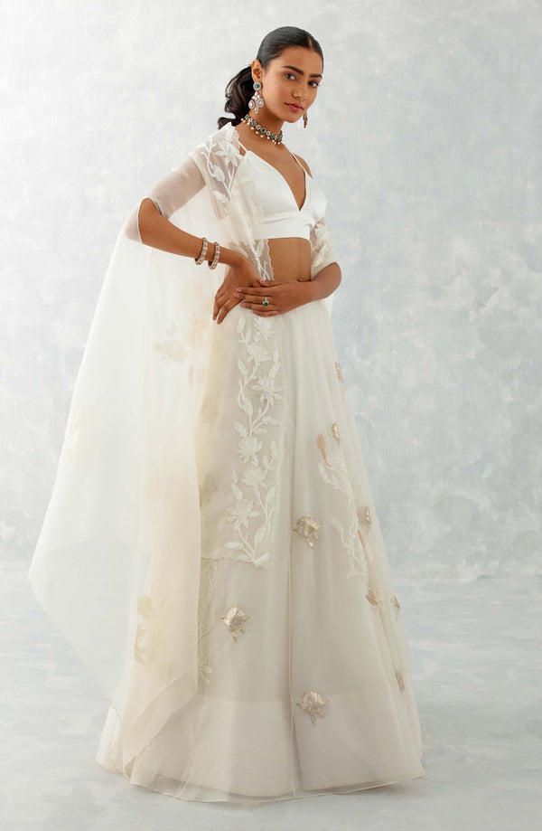 Kalyani Priyadarshan in Ivory Silk Organza Cape Lehenga Set