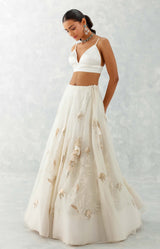 Kalyani Priyadarshan in Ivory Silk Organza Cape Lehenga Set