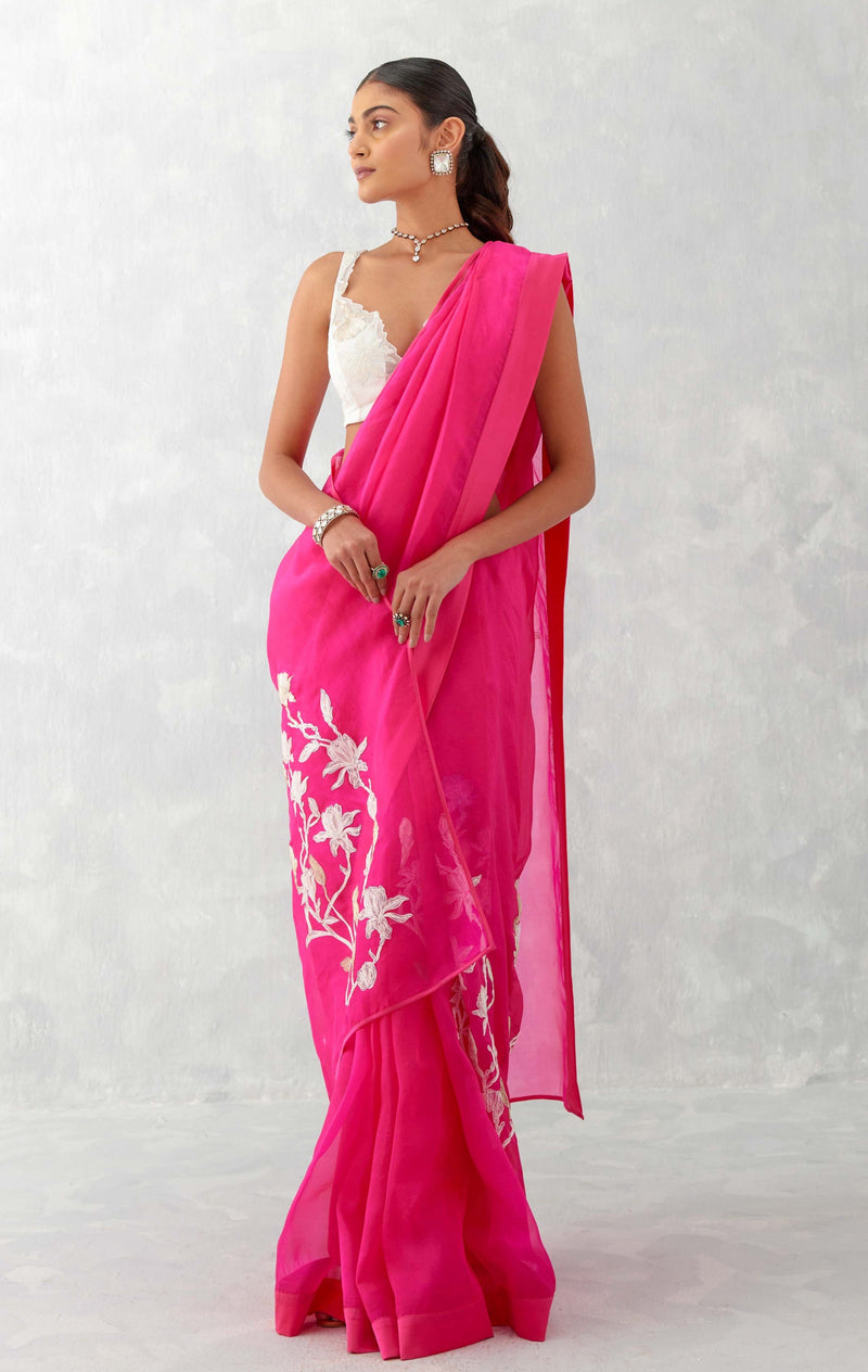 Kiara Advani in Fuchsia Pink Embroidered Silk Organza Saree