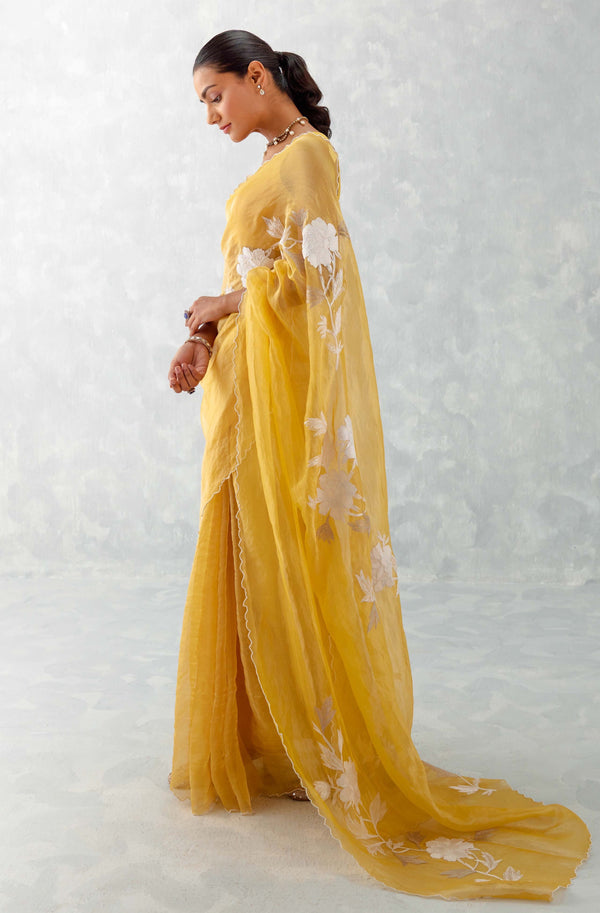 Mango Yellow Embroidered Shimmer Organza Saree