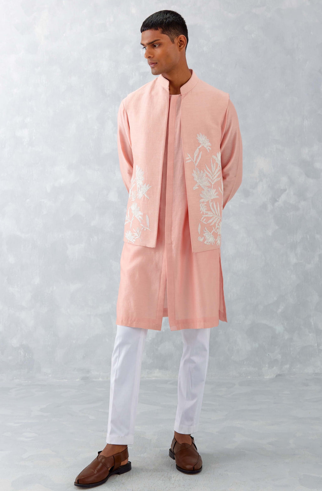 Blush Pink Kurta with Embroidered Bundi Set