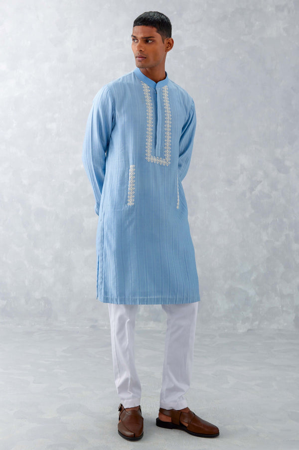 Blue Embroidered Woven Chanderi Kurta Set