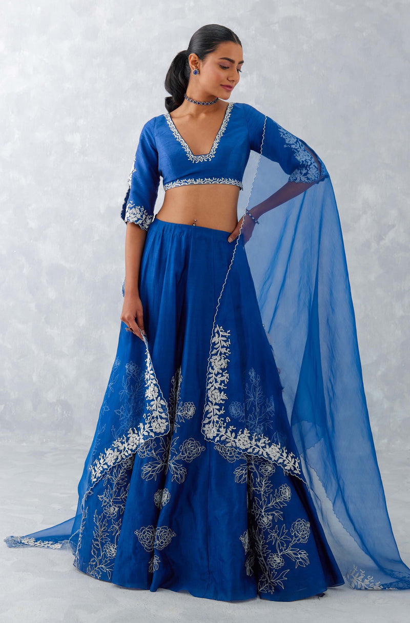 Blue Floral Embroidered Silk Chanderi Lehenga Set