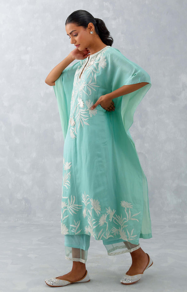 Aqua Blue Embroidered Cotton Silk Satin Kaftan Set (RTS)