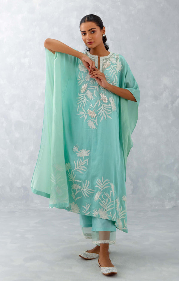 Aqua Blue Embroidered Cotton Silk Satin Kaftan Set (RTS)