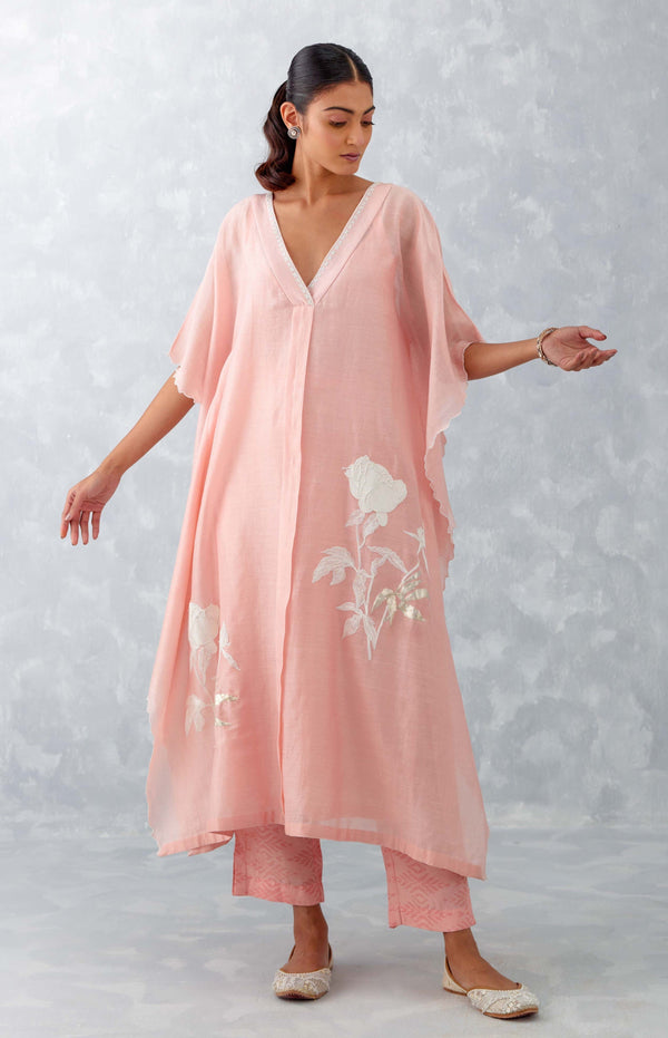 Baby Pink Embroidered Silk Chanderi Kaftan Set (RTS)