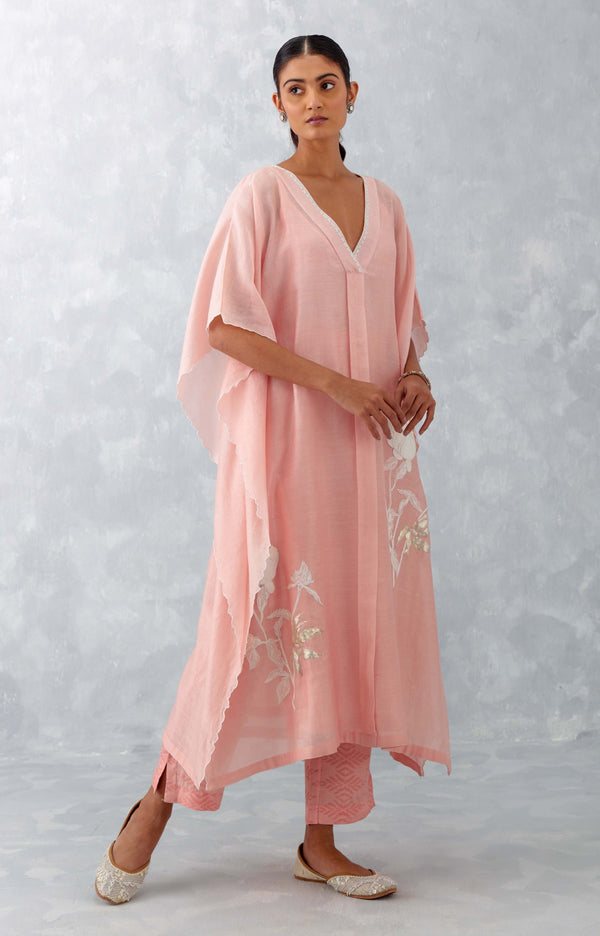 Baby Pink Embroidered Silk Chanderi Kaftan Set (RTS)