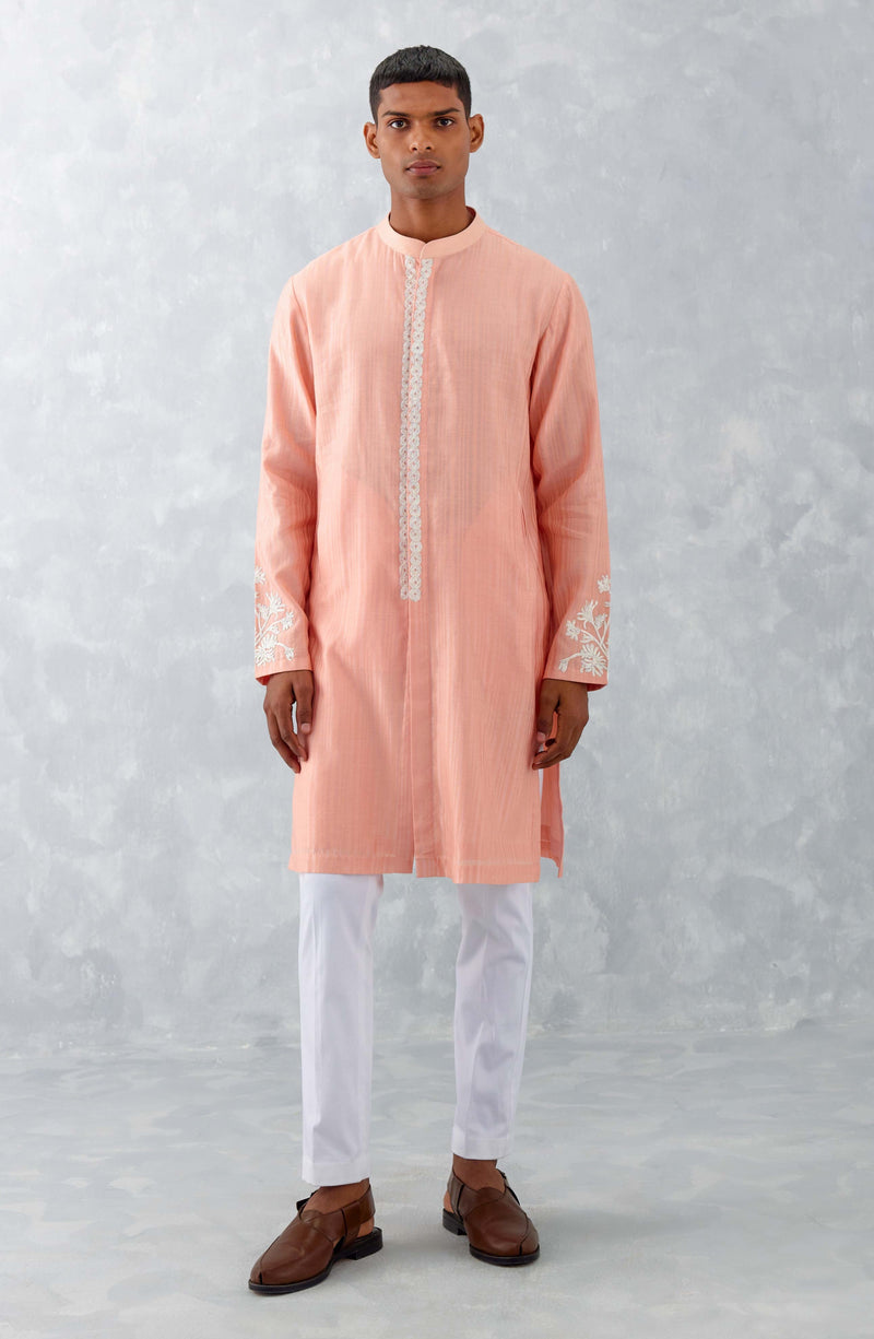 Blush Pink Embroidered Woven Chanderi Kurta Set