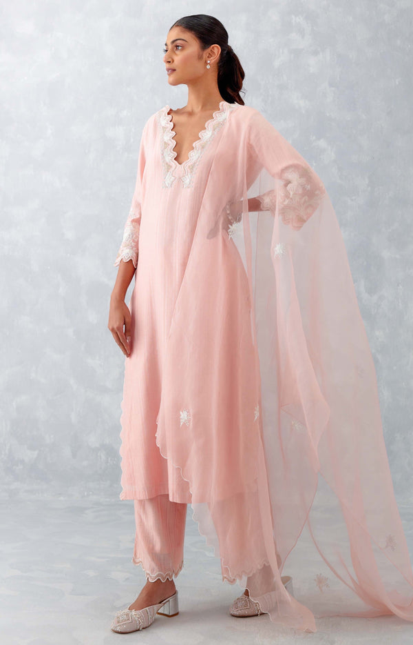 Blush Pink Embroidered Woven Chanderi Kurta Set