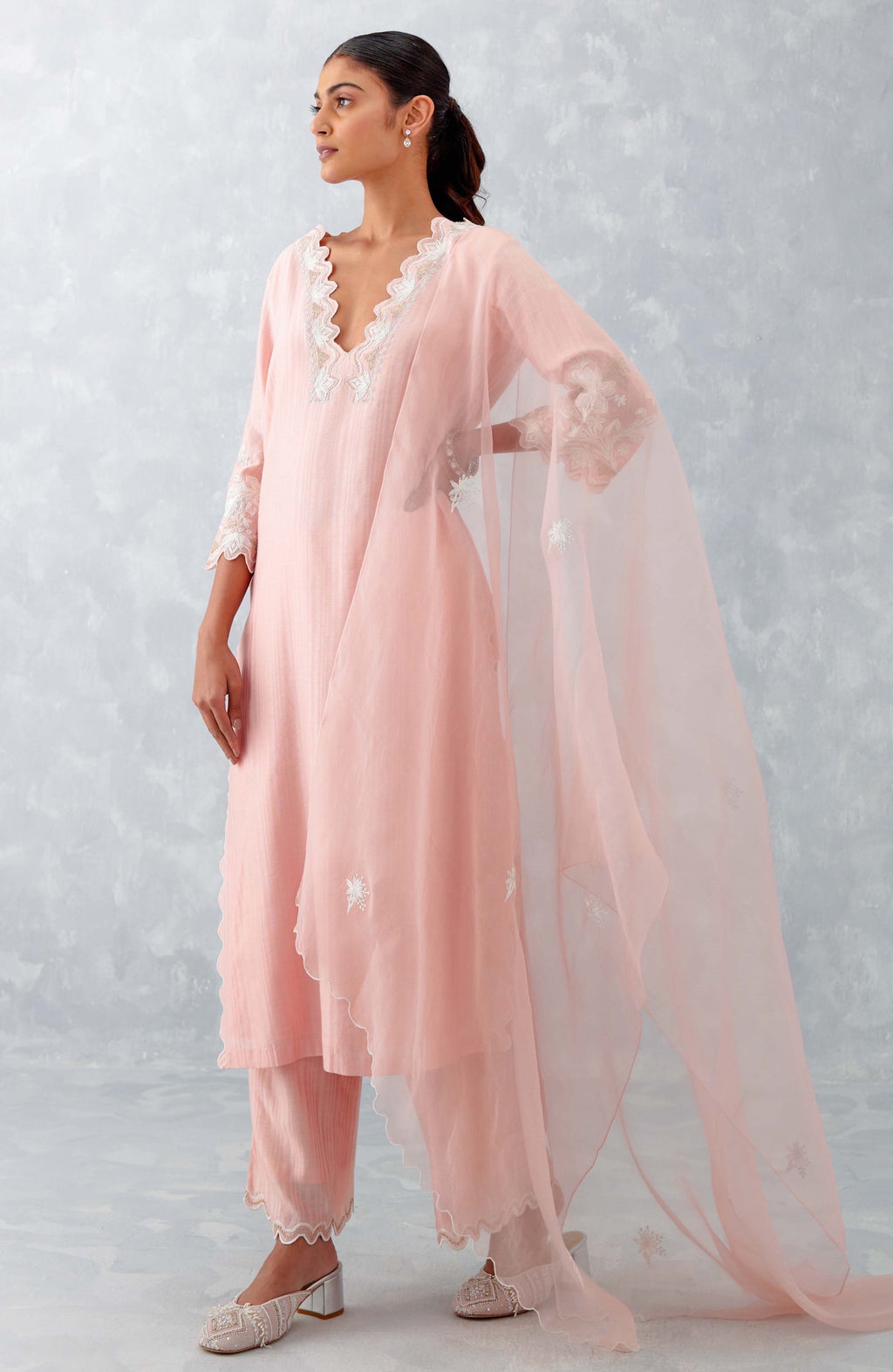 Blush Pink Embroidered Woven Chanderi Kurta Set (RTS)