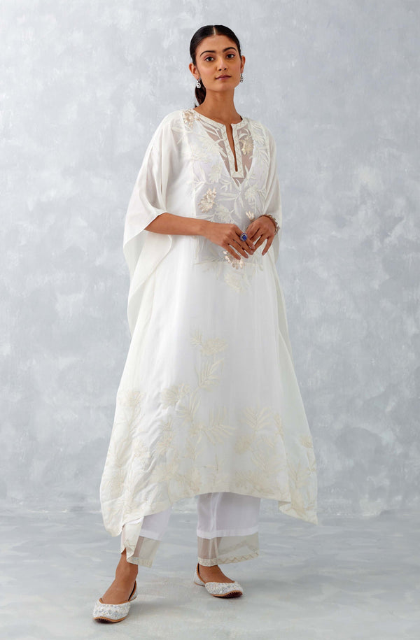 Ivory Embroidered Cotton Silk Satin Kaftan Set (RTS)