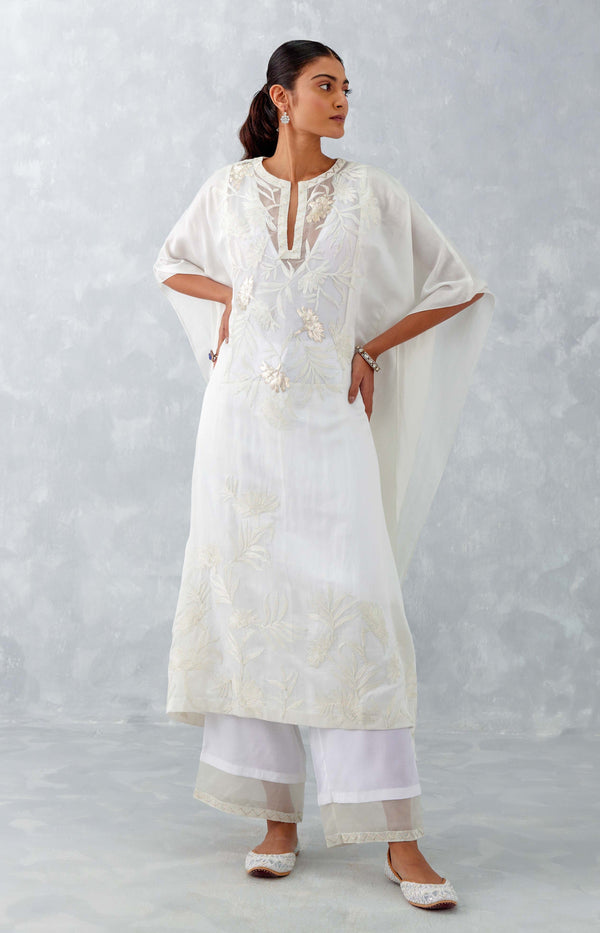 Ivory Embroidered Cotton Silk Satin Kaftan Set (RTS)