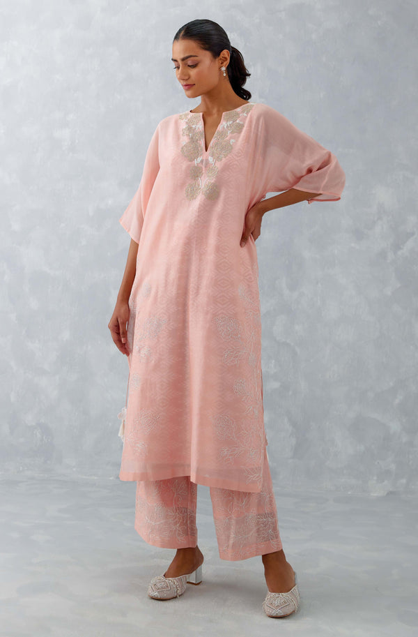 Pink Embroidered Ikat Print Chanderi Kurta Set