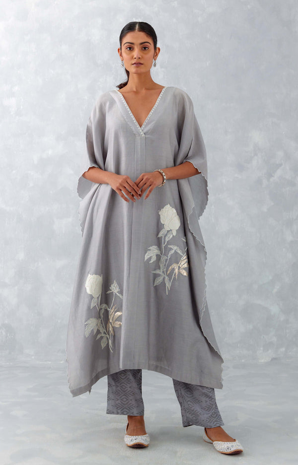 Grey Embroidered Silk Chanderi Kaftan Set (RTS)