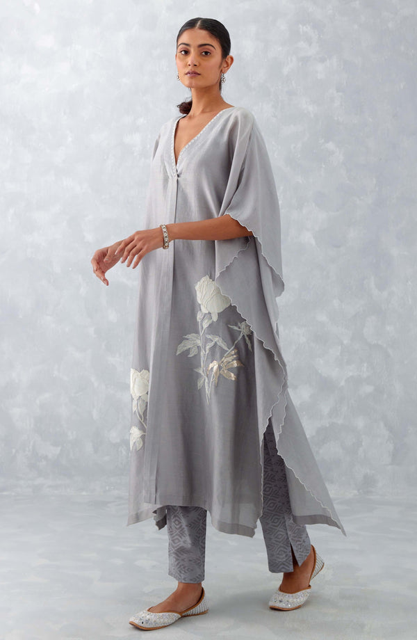 Grey Embroidered Silk Chanderi Kaftan Set (RTS)