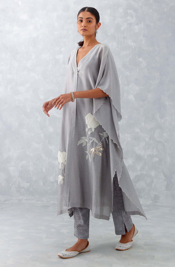 Grey Embroidered Silk Chanderi Kaftan Set