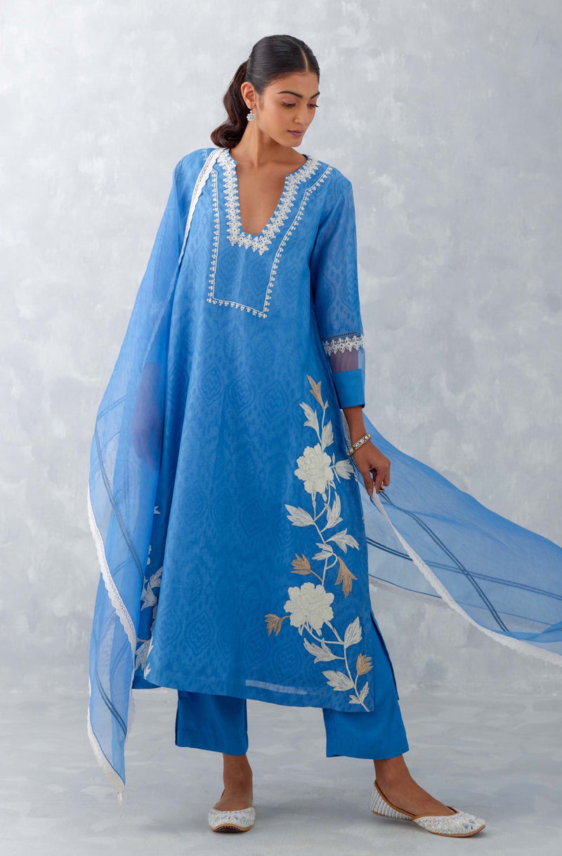 Blue Embroidered Chanderi Kurta Set