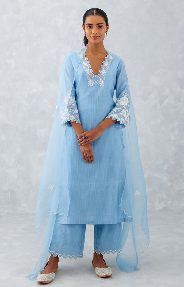 Ice Blue Embroidered Woven Chanderi Kurta Set