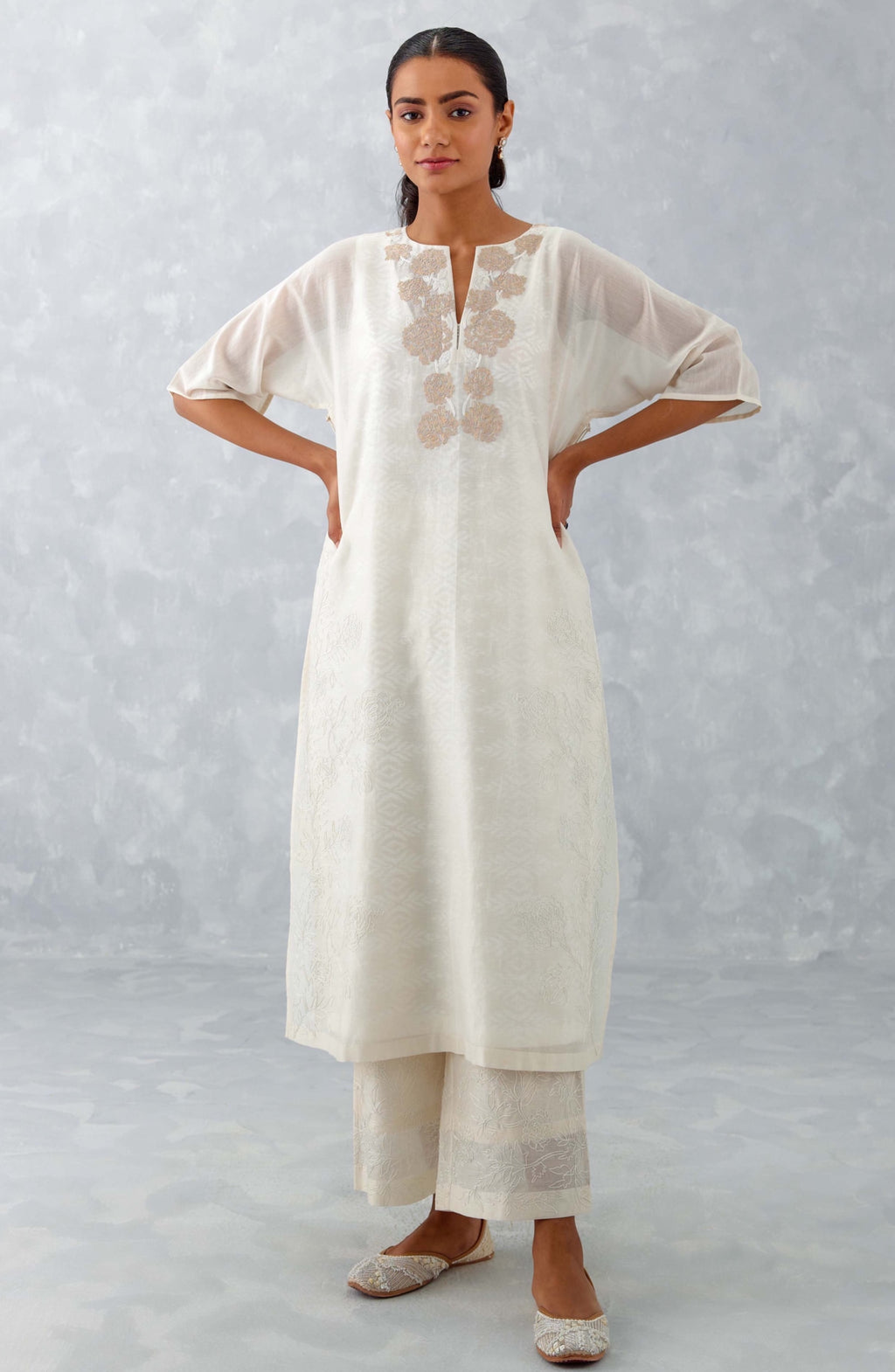 Ivory Embroidered Ikat Print Chanderi Kurta Set