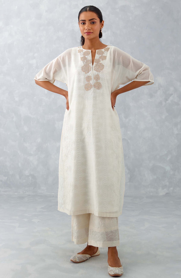 Ivory Embroidered Ikat Print Chanderi Kurta Set