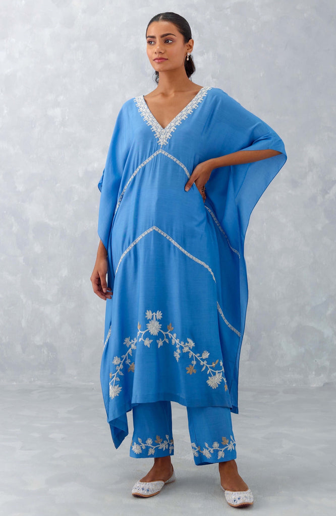 Ice Blue Embroidered Muslin Kaftan Set