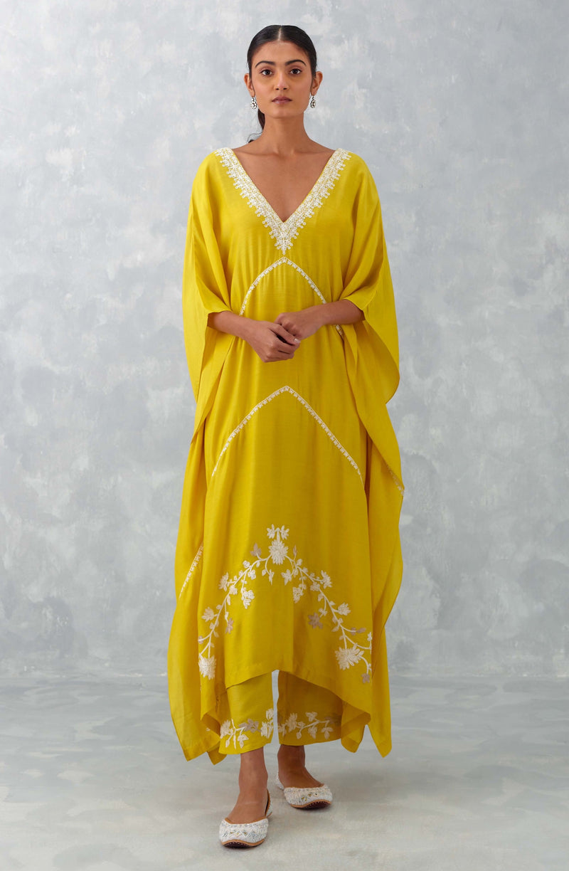 Yellow Embroidered Muslin Kaftan Set