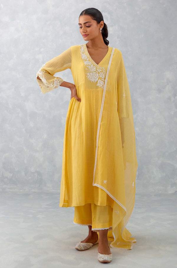 Mango Yellow Embroidered Chanderi Kurta Set (RTS)