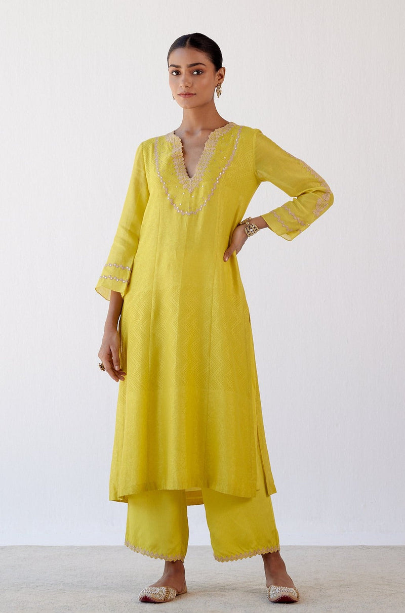 Yellow Block Print Embroidered Kurta Set (RTS)