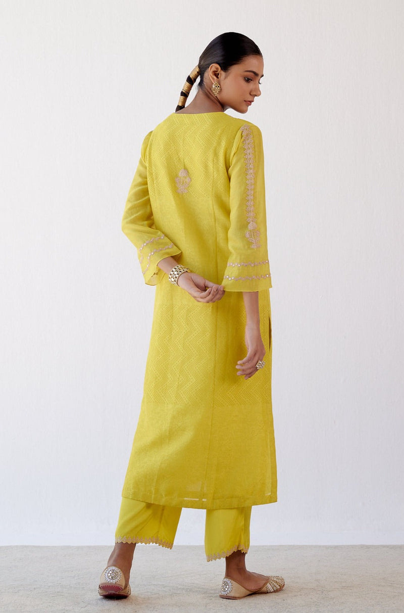 Yellow Block Print Embroidered Kurta Set (RTS)