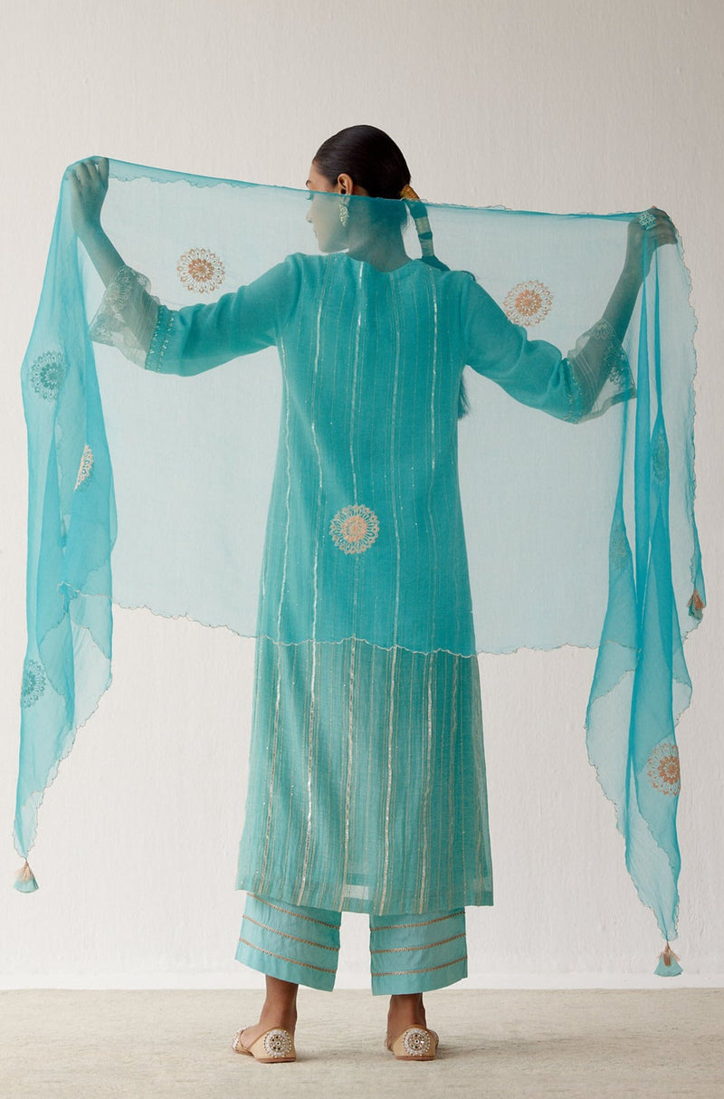 turquoise Blue Chanderi Kurta Set (RTS)