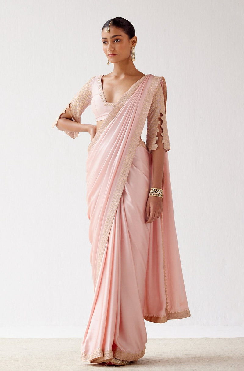 Kriti Kharbanda in Blush Pink Embroidered Satin Saree