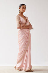Kriti Kharbanda in Blush Pink Embroidered Satin Saree