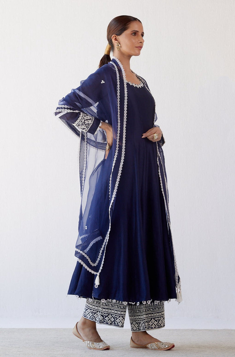 Navy Blue Chanderi Anarkali Set (RTS)