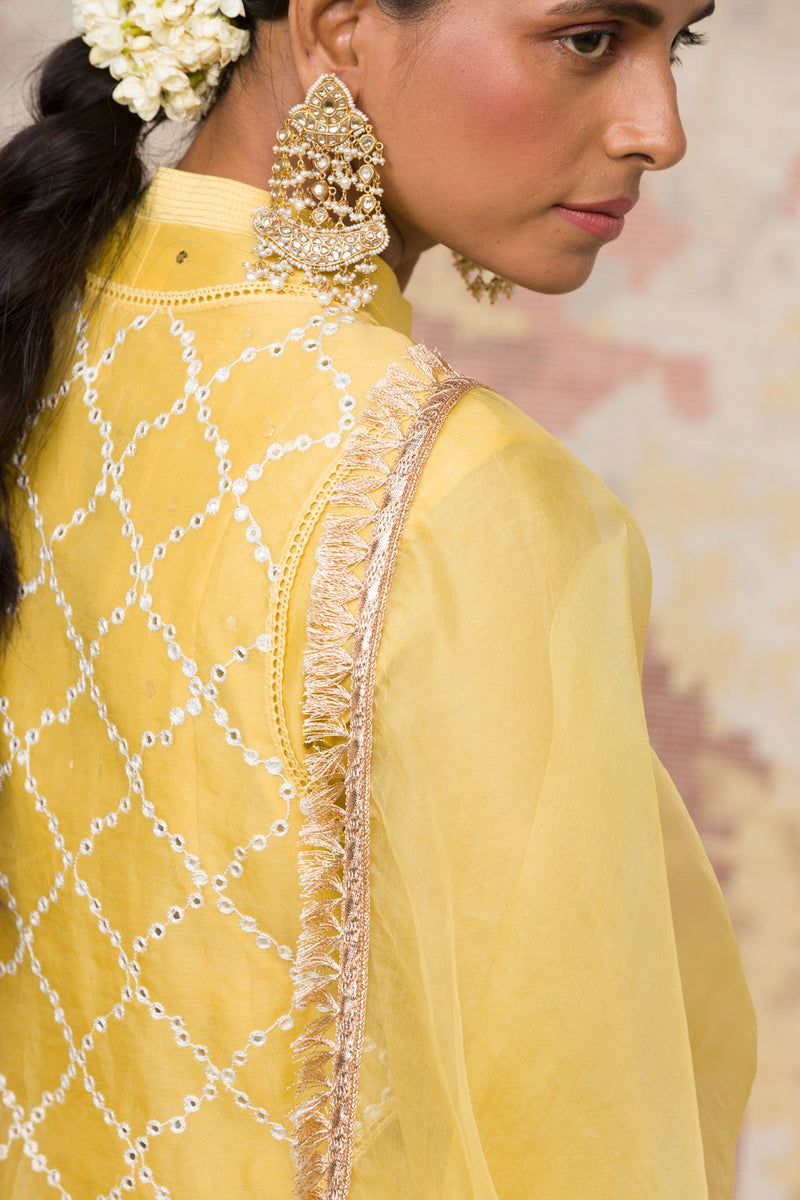 Lemon Yellow Mukaish Anarkali Set