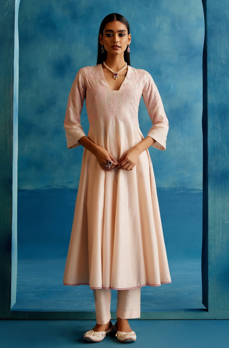 Blush Pink Cotton Silk Blend Hand-Painted Anarkali Set