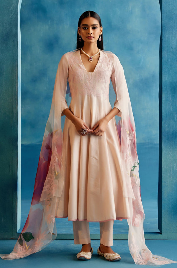 Blush Pink Cotton Silk Blend Hand-Painted Anarkali Set