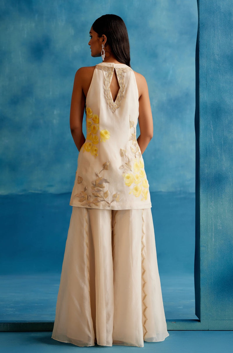 Ivory and Yellow Silk Organza Hand-Painted  Embroidered Sharara Set