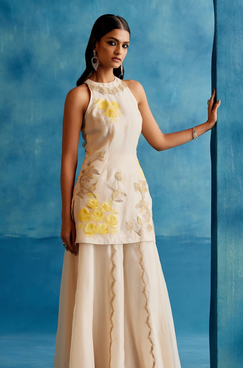 Ivory and Yellow Silk Organza Hand-Painted  Embroidered Sharara Set