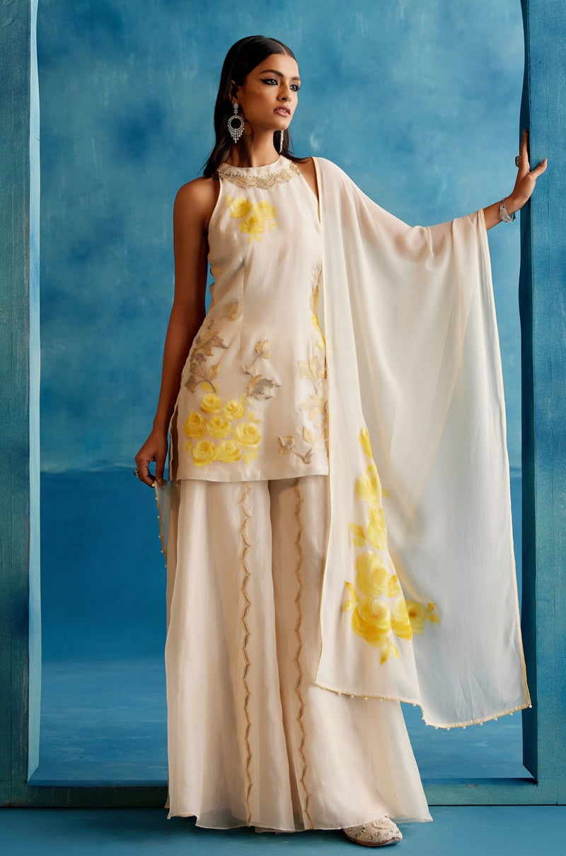 Ivory and Yellow Silk Organza Hand-Painted  Embroidered Sharara Set