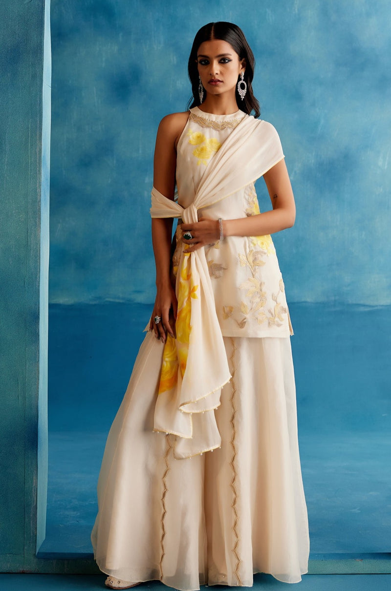 Ivory and Yellow Silk Organza Hand-Painted  Embroidered Sharara Set