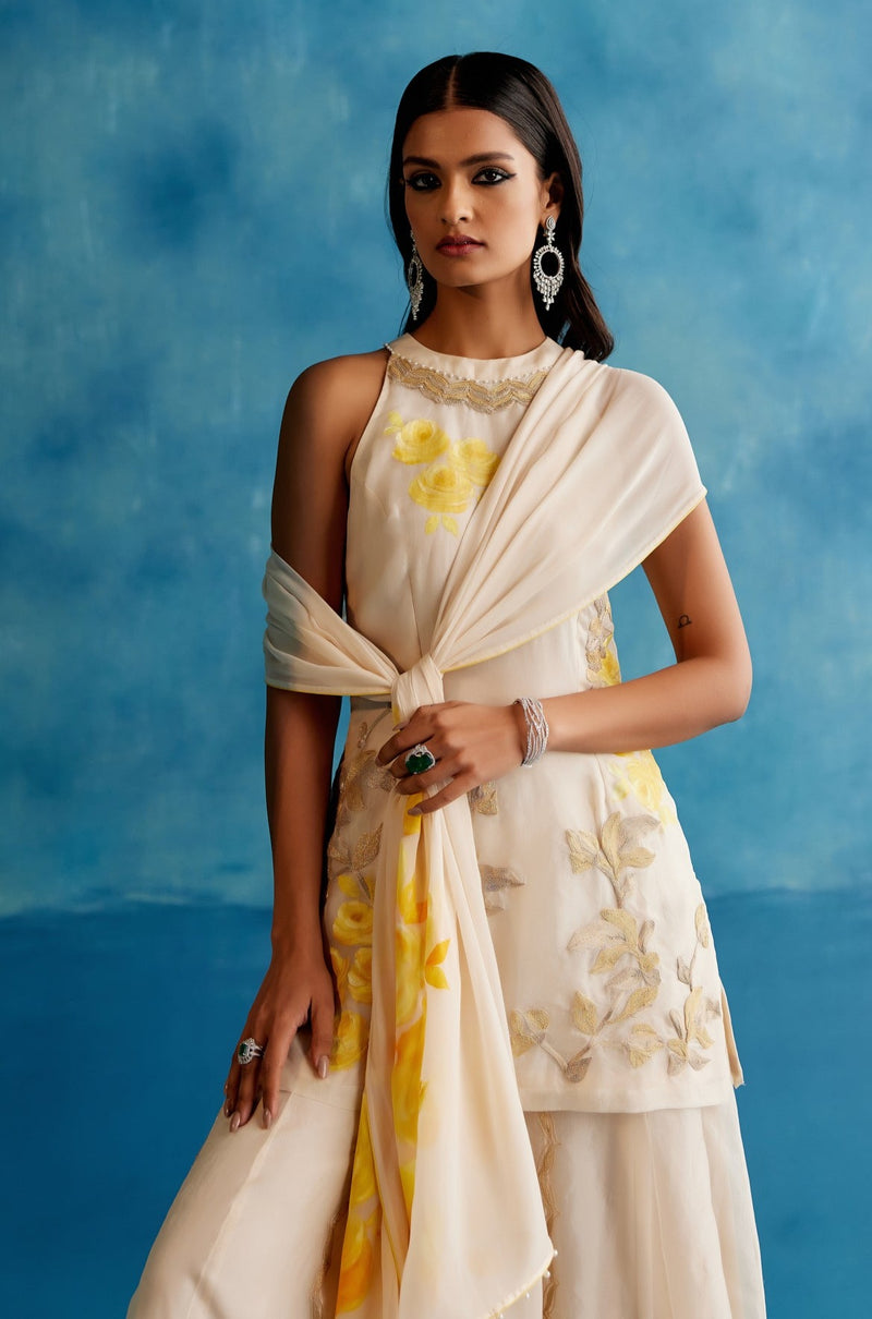 Ivory and Yellow Silk Organza Hand-Painted  Embroidered Sharara Set