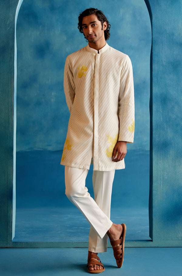 Ivory and Yellow Woven Silk Chanderi Front Open Hand-Painted Kurta Set