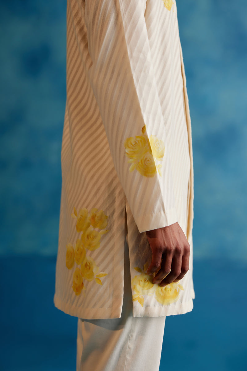 Ivory and Yellow Woven Silk Chanderi Front Open Hand-Painted Kurta Set